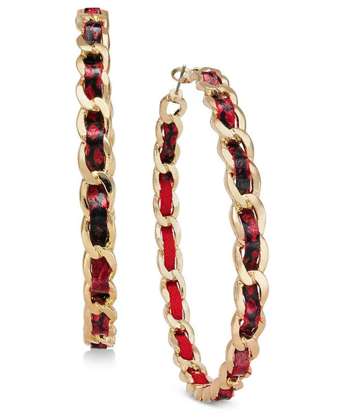 Thalia Sodi Gold-Tone Red Animal Print Woven Chain Hoop Earrings